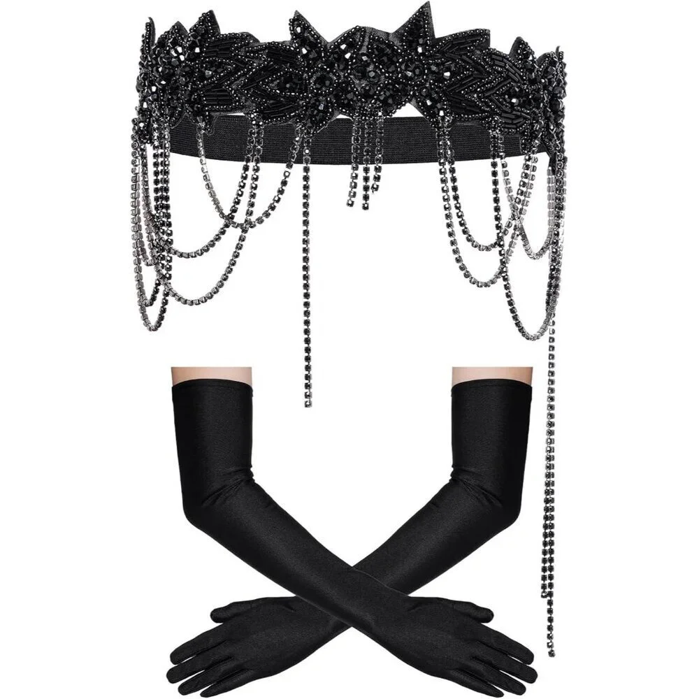 1920s Flapper Accessories Set Headpiece Long Gloves Roaring 20s Costume